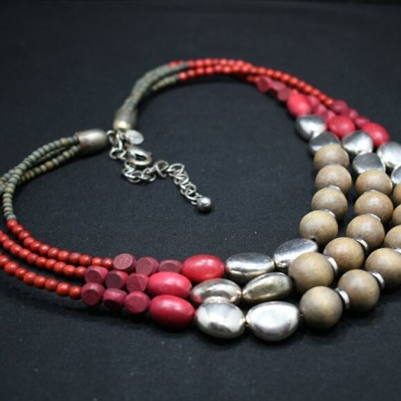Chico's Wooden Red Brown Silver Beaded Distressed Necklace, 23 Inches - Picture 3 of 11